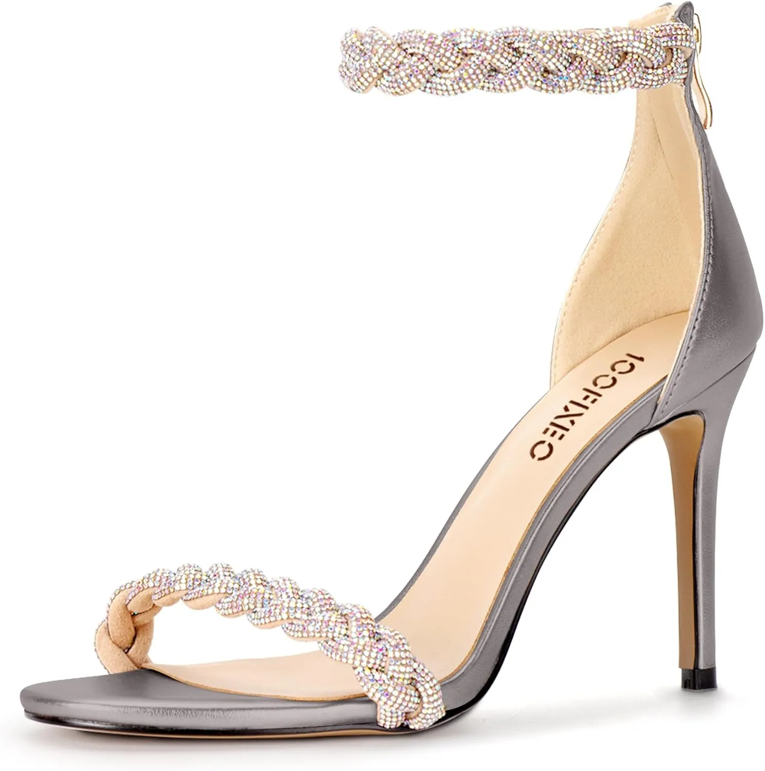 100FIXEO Women's Rhinestone Open Toe Stiletto Heeled Sandals Elegant Ankle Strap Wedding High Heels Sexy Dressy Shoes