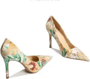 10CM Genuine Leather Printed Cloth Pointed High Heels Retro Elegant Shallow Mouth Stiletto Shoes