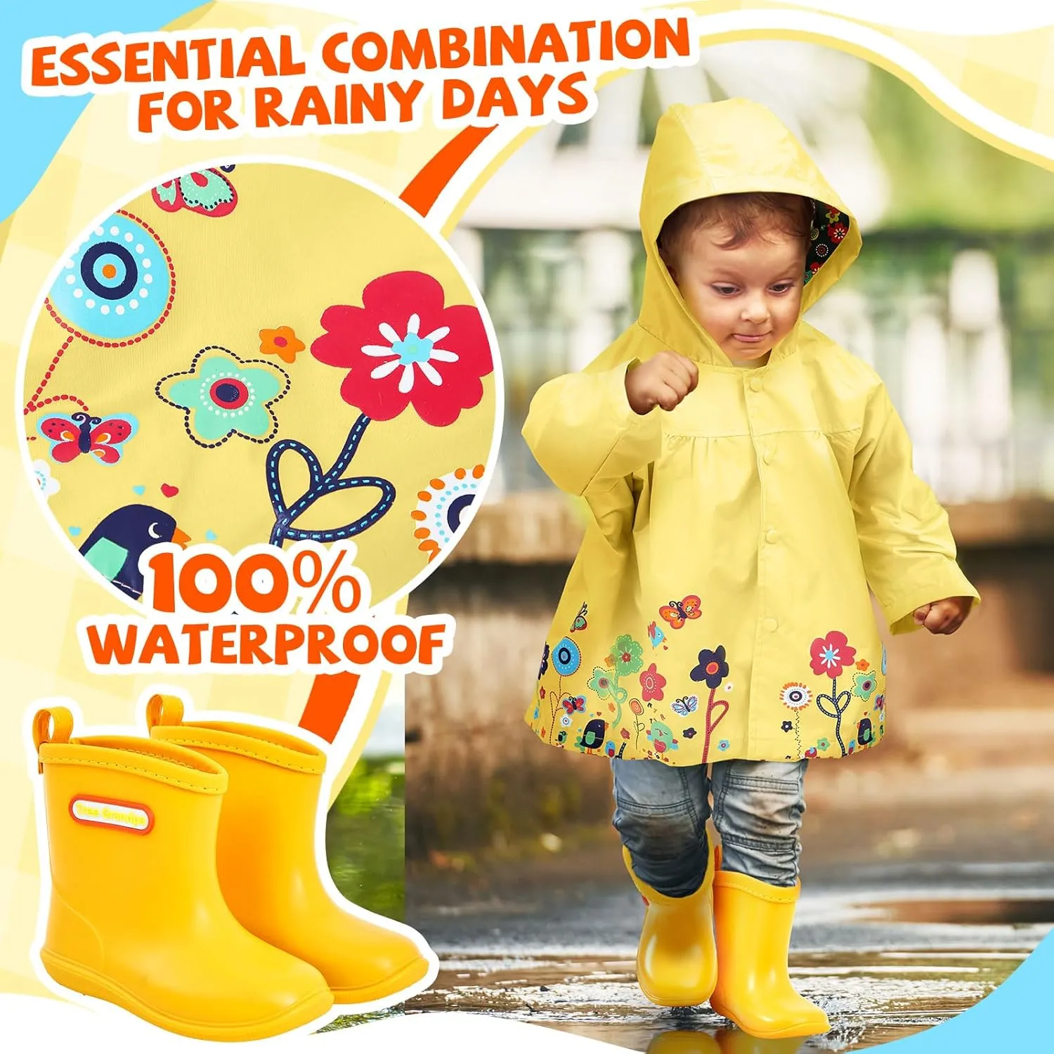 2 Pcs Toddler Raincoat Rain Boots Set Kids Baby Cartoon Hoodie Zipper Jacket Short Rain Shoes for Little Boys Girls