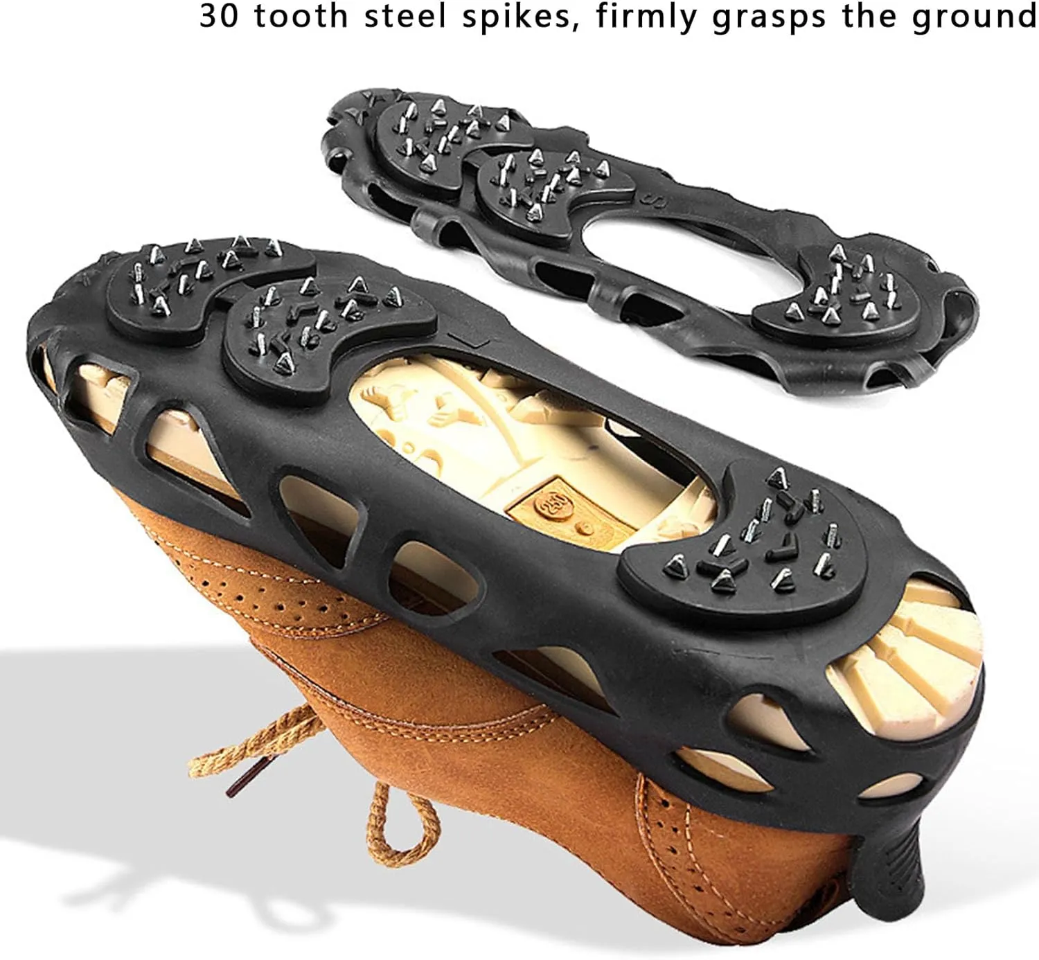30 Tooth Ice Cleats, Non Slip Lightweight TPE Alloy Snow Crampons with Steel Spikes, Cushioned Anti Slip Ice Shoe Grippers for Mountaineering Snow, Suitable for Outdoor Walking