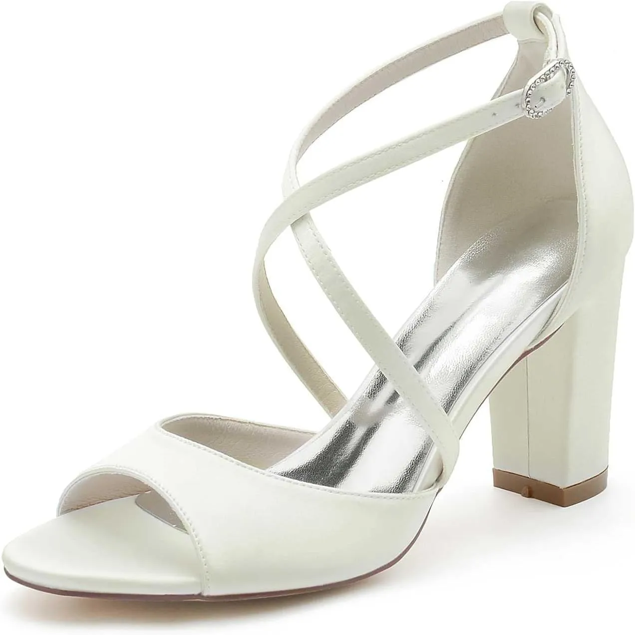3.34 Inches White Womens Heeled Sandals Buckle Open Toe Satin Elegant Simple Wedding Party Bridal Shoes Block Heel Ankle Strap Sandals