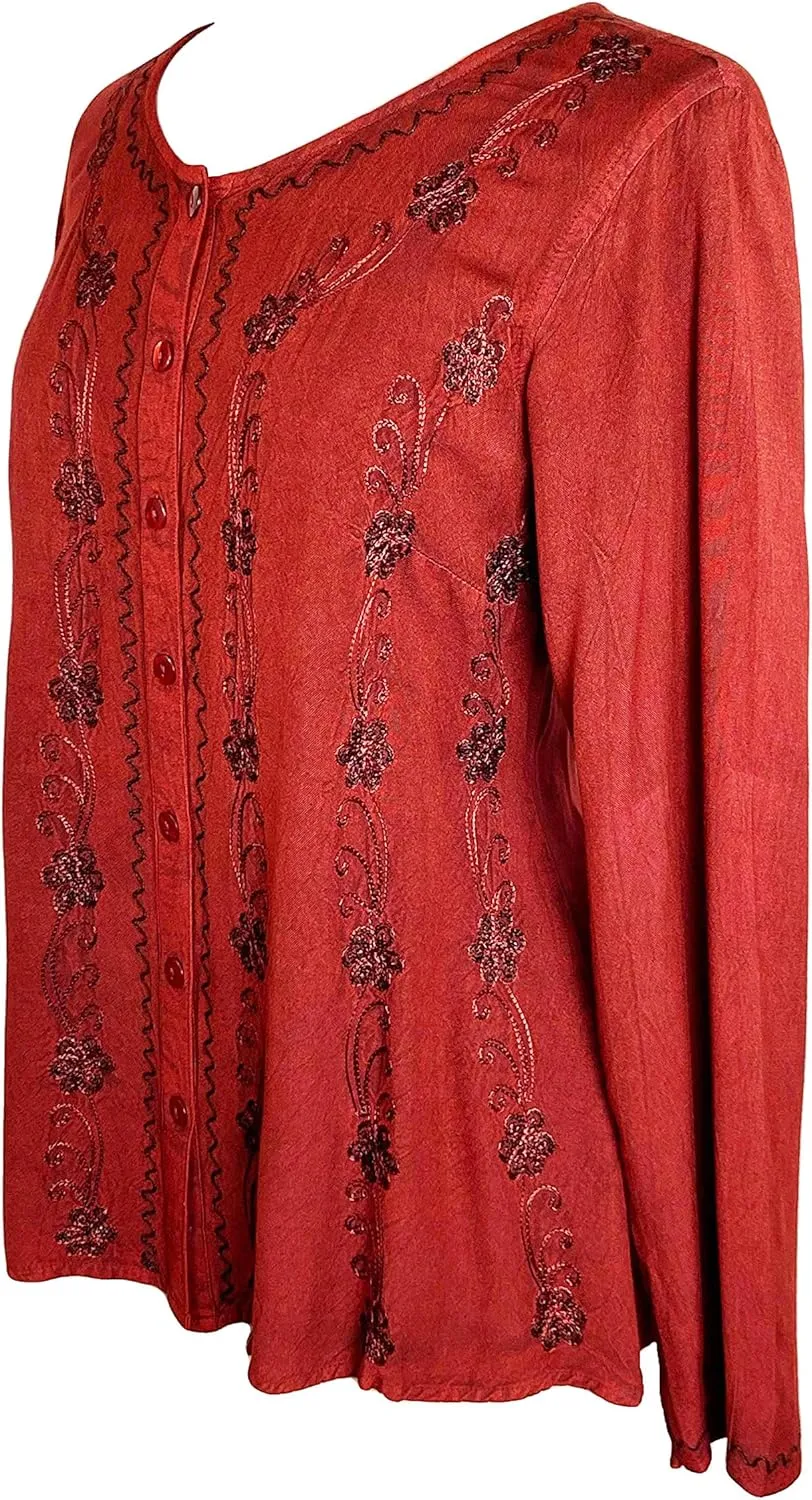 Agan Traders 2025 Spring Long Sleeve Button Down Bohemian Tops for Women - Embroidered Blouse Shirt with Adjustable Rope Ties