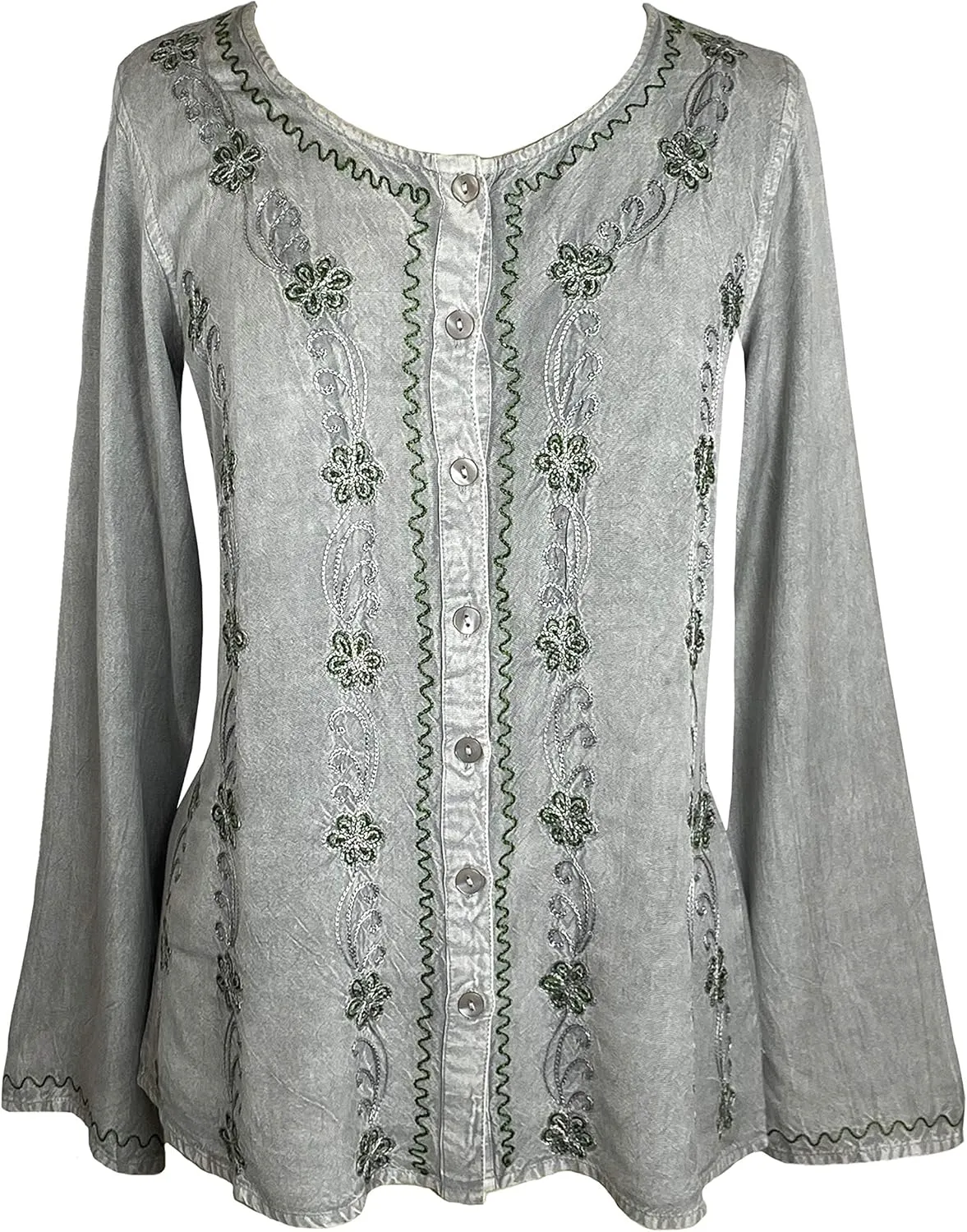 Agan Traders 2025 Spring Long Sleeve Button Down Bohemian Tops for Women - Embroidered Blouse Shirt with Adjustable Rope Ties