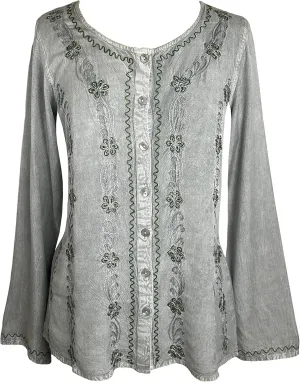 Agan Traders 2025 Spring Long Sleeve Button Down Bohemian Tops for Women - Embroidered Blouse Shirt with Adjustable Rope Ties