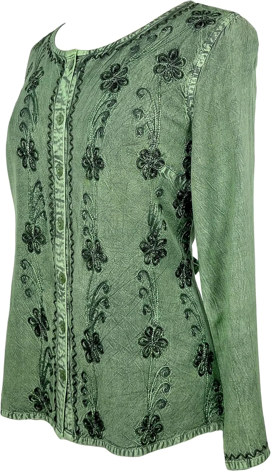 Agan Traders 2025 Spring Long Sleeve Button Down Bohemian Tops for Women - Embroidered Blouse Shirt with Adjustable Rope Ties