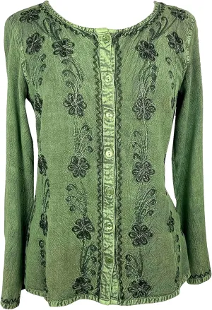 Agan Traders 2025 Spring Long Sleeve Button Down Bohemian Tops for Women - Embroidered Blouse Shirt with Adjustable Rope Ties