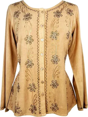 Agan Traders 2025 Spring Long Sleeve Button Down Bohemian Tops for Women - Embroidered Blouse Shirt with Adjustable Rope Ties
