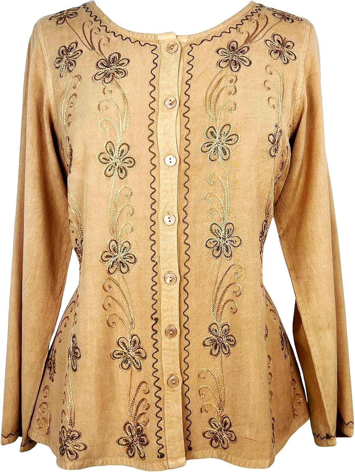 Agan Traders 2025 Spring Long Sleeve Button Down Bohemian Tops for Women - Embroidered Blouse Shirt with Adjustable Rope Ties