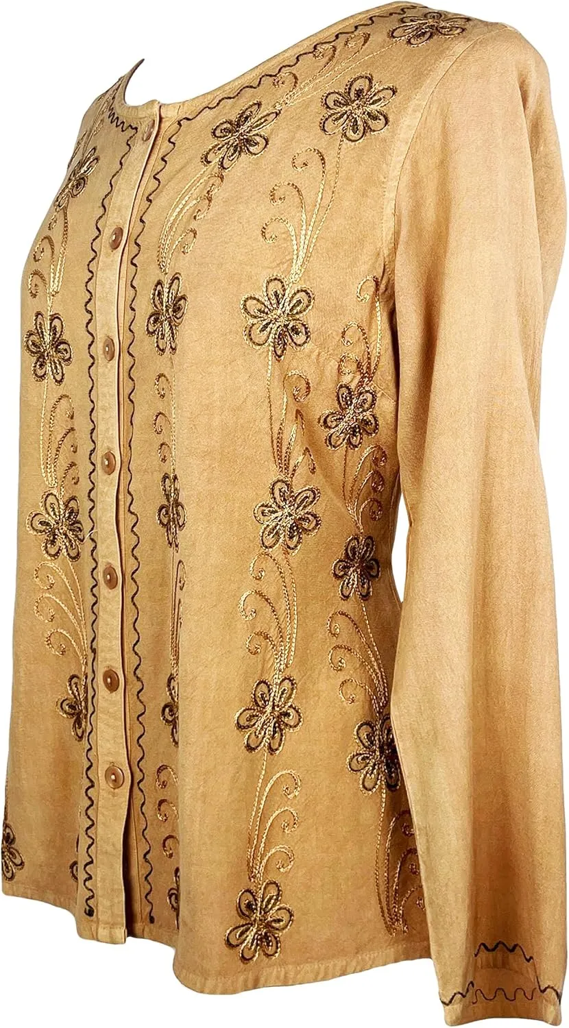 Agan Traders 2025 Spring Long Sleeve Button Down Bohemian Tops for Women - Embroidered Blouse Shirt with Adjustable Rope Ties