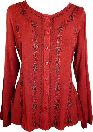 Agan Traders 2025 Spring Long Sleeve Button Down Bohemian Tops for Women - Embroidered Blouse Shirt with Adjustable Rope Ties