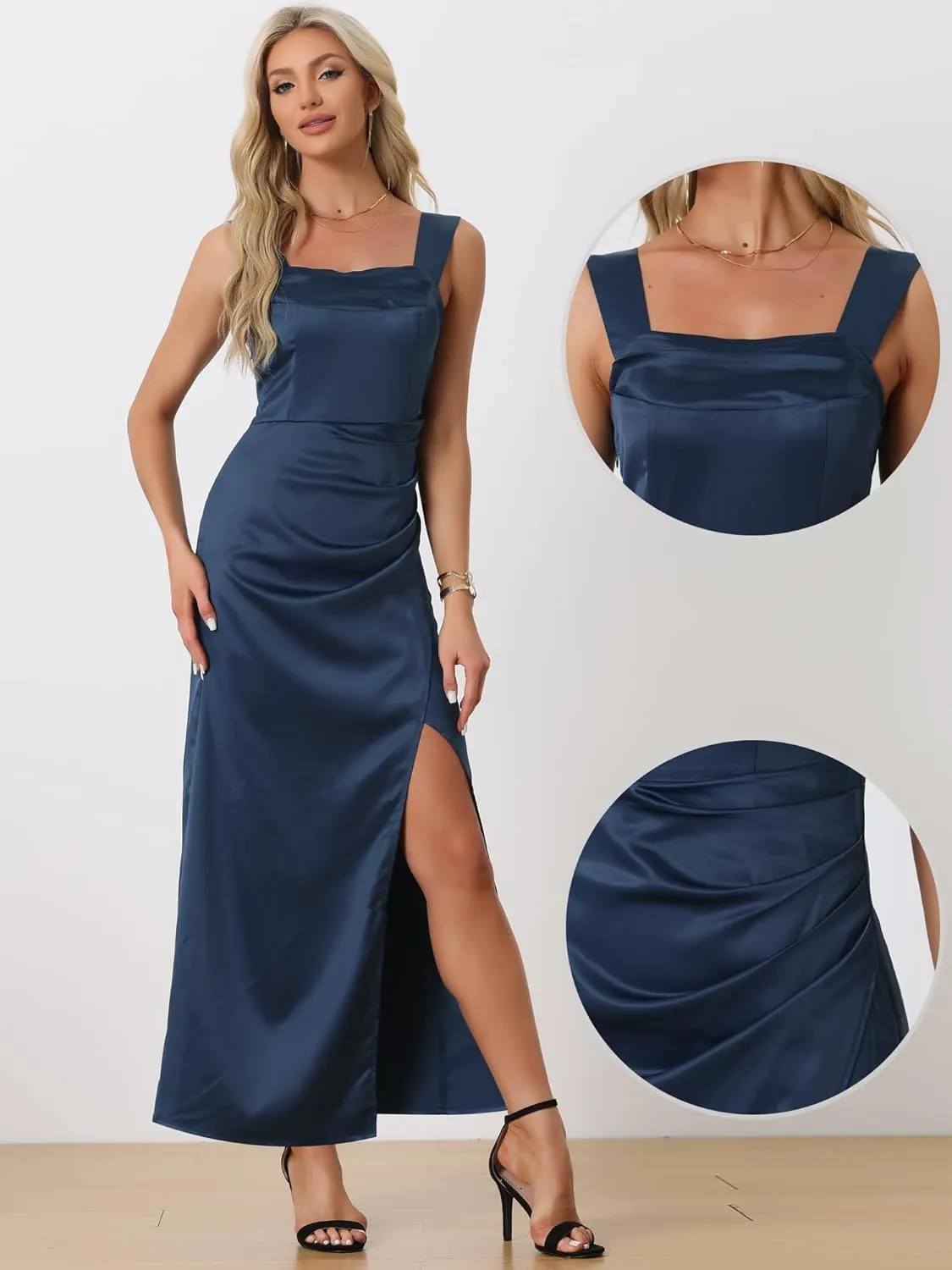 Allegra K Satin Dress for Women's Ruched Front Elegant Wedding Guest Wide Straps Party Split Maxi Dresses