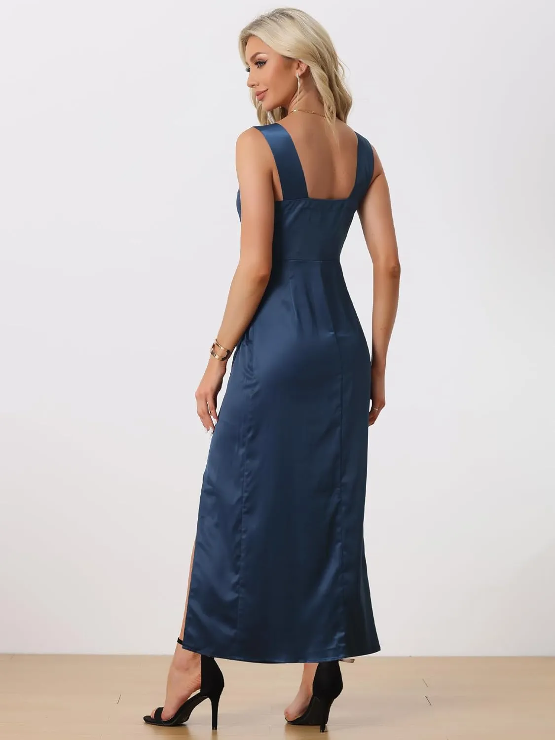 Allegra K Satin Dress for Women's Ruched Front Elegant Wedding Guest Wide Straps Party Split Maxi Dresses