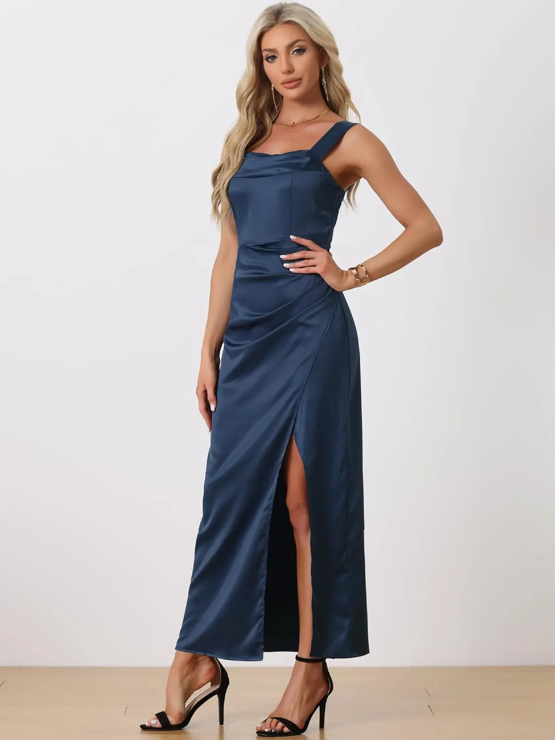 Allegra K Satin Dress for Women's Ruched Front Elegant Wedding Guest Wide Straps Party Split Maxi Dresses