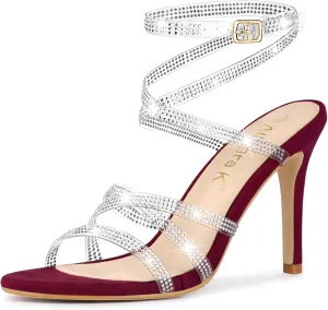 Allegra K Women's Elegant Rhinestone Clear Strap Strappy Stiletto Heels Sandals Over 3 Inch Evening Party Wedding Shoes