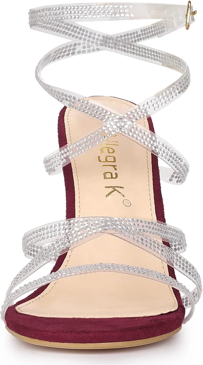 Allegra K Women's Elegant Rhinestone Clear Strap Strappy Stiletto Heels Sandals Over 3 Inch Evening Party Wedding Shoes
