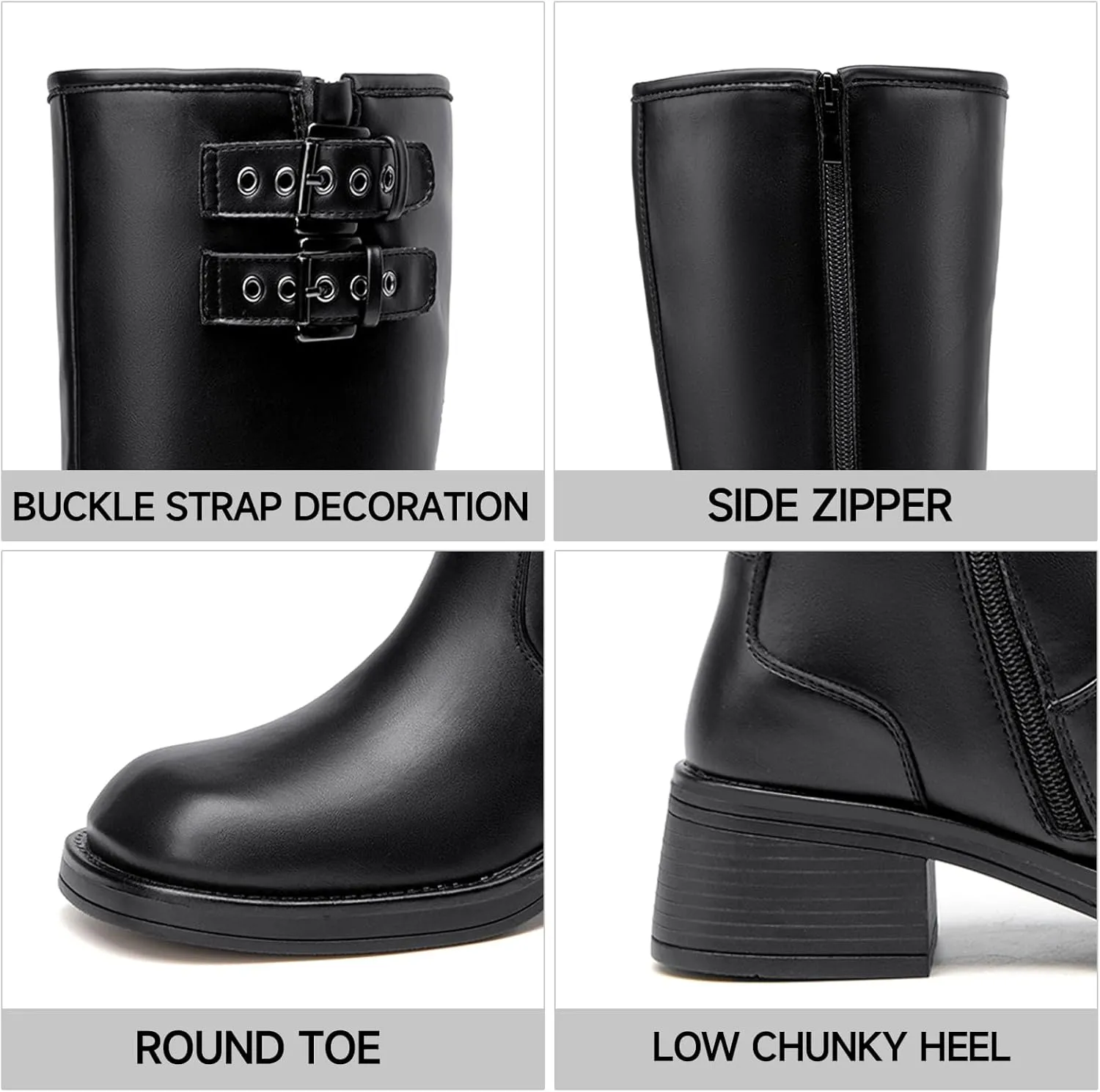 ALLOT Women's Knee High Boots Buckle Strap Low Flat Heel Side Zip Round Toe Comfortable Riding Boots