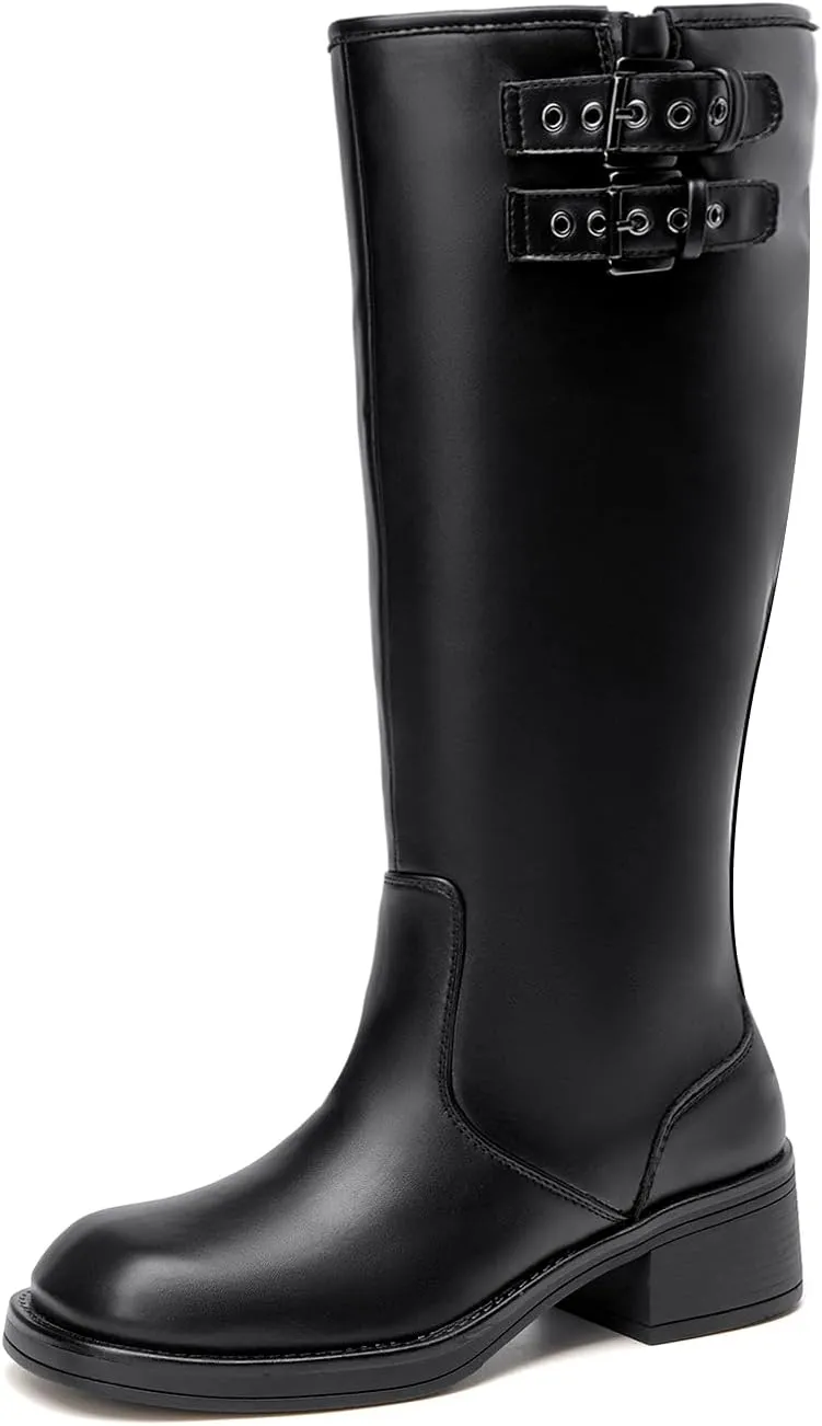 ALLOT Women's Knee High Boots Buckle Strap Low Flat Heel Side Zip Round Toe Comfortable Riding Boots