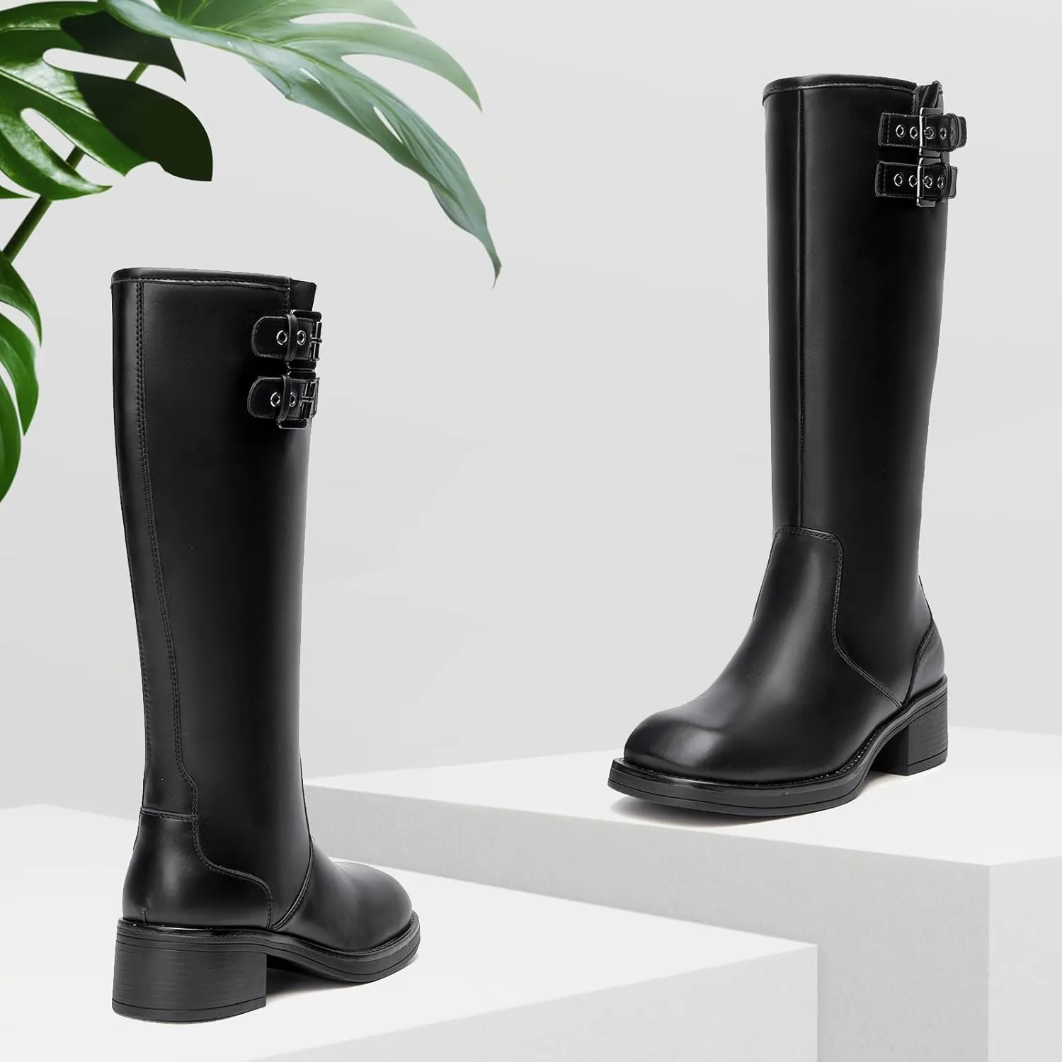 ALLOT Women's Knee High Boots Buckle Strap Low Flat Heel Side Zip Round Toe Comfortable Riding Boots