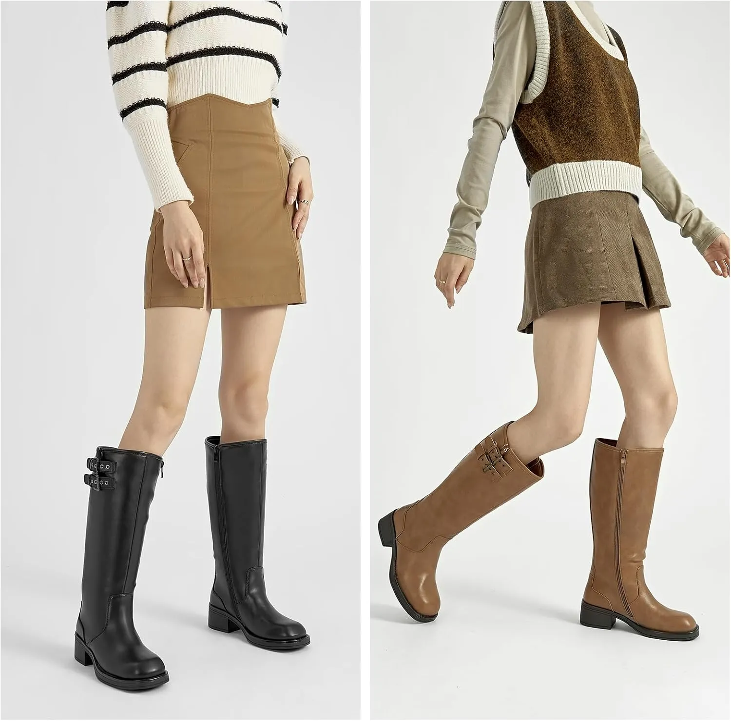 ALLOT Women's Knee High Boots Buckle Strap Low Flat Heel Side Zip Round Toe Comfortable Riding Boots