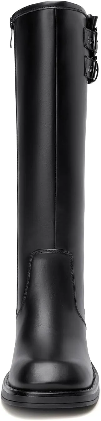 ALLOT Women's Knee High Boots Buckle Strap Low Flat Heel Side Zip Round Toe Comfortable Riding Boots