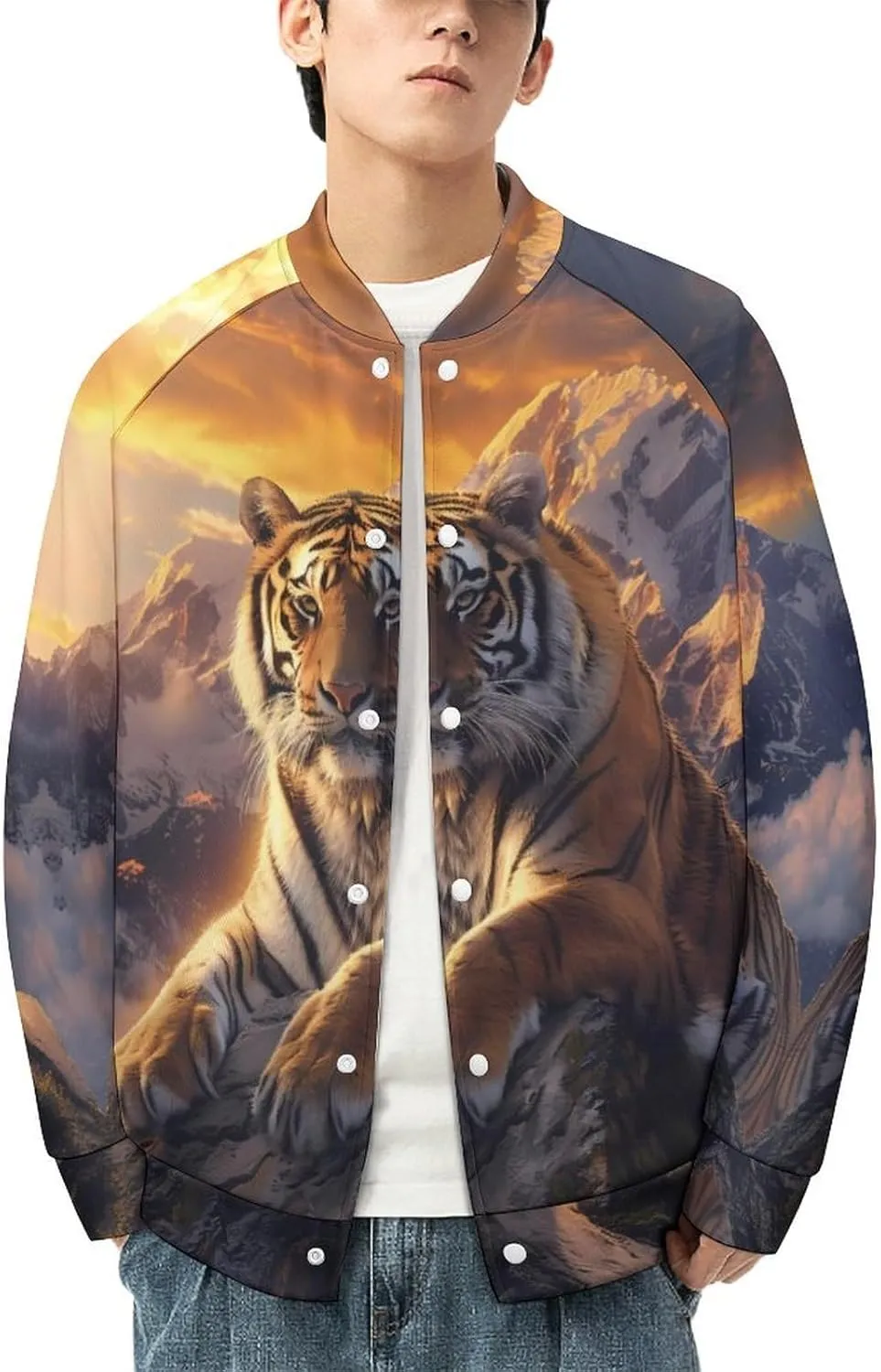 Alpine Snow Mountain Tiger at Sunset Lightweight Men's Baseball Jackets Relaxed Fit Varsity Bomber Jacket Windbreaker Coat
