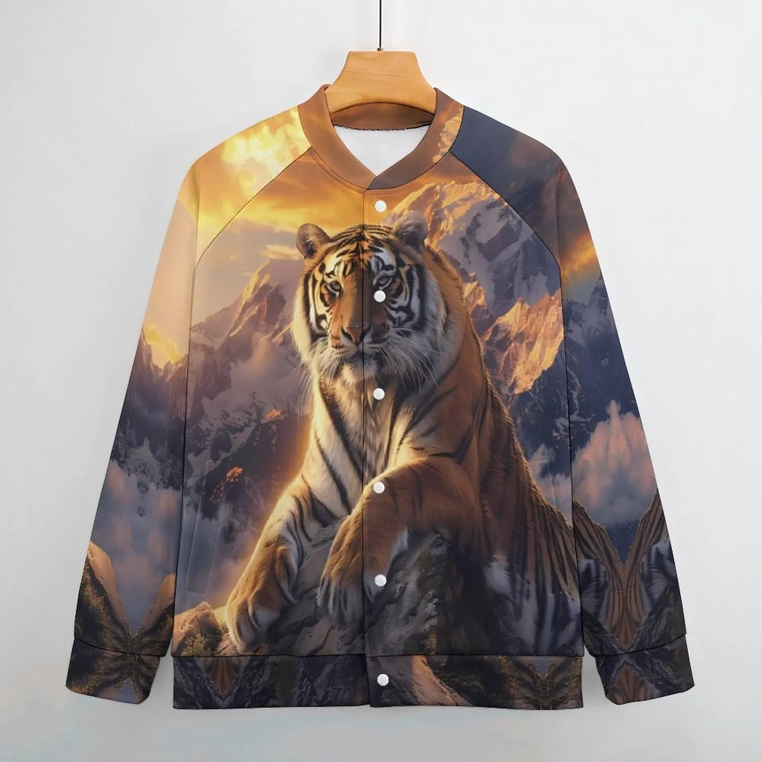 Alpine Snow Mountain Tiger at Sunset Lightweight Men's Baseball Jackets Relaxed Fit Varsity Bomber Jacket Windbreaker Coat