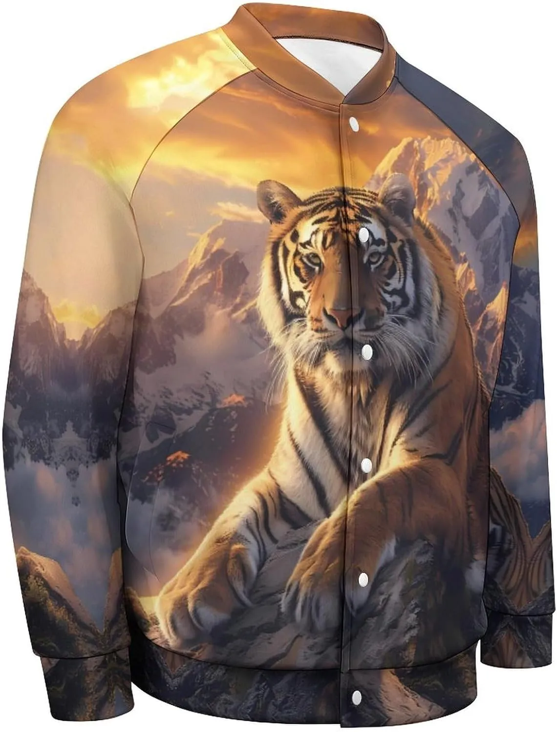 Alpine Snow Mountain Tiger at Sunset Lightweight Men's Baseball Jackets Relaxed Fit Varsity Bomber Jacket Windbreaker Coat