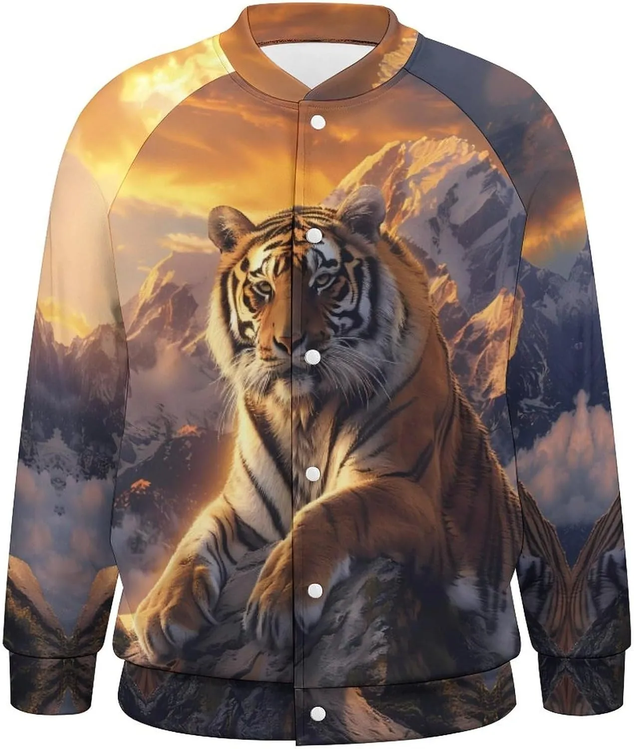 Alpine Snow Mountain Tiger at Sunset Lightweight Men's Baseball Jackets Relaxed Fit Varsity Bomber Jacket Windbreaker Coat