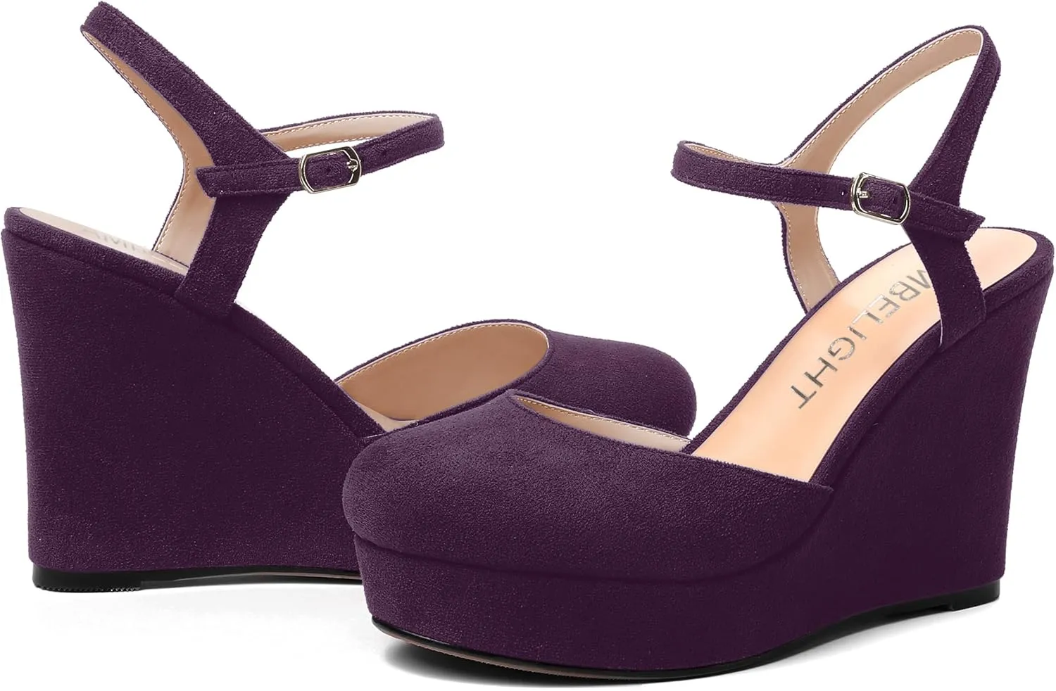 AMBELIGHT Womens Ankle Strap Sandals Night Club Round Toe Fashion Heels Suede Wedge High Heel Pumps Shoes 4 Inch