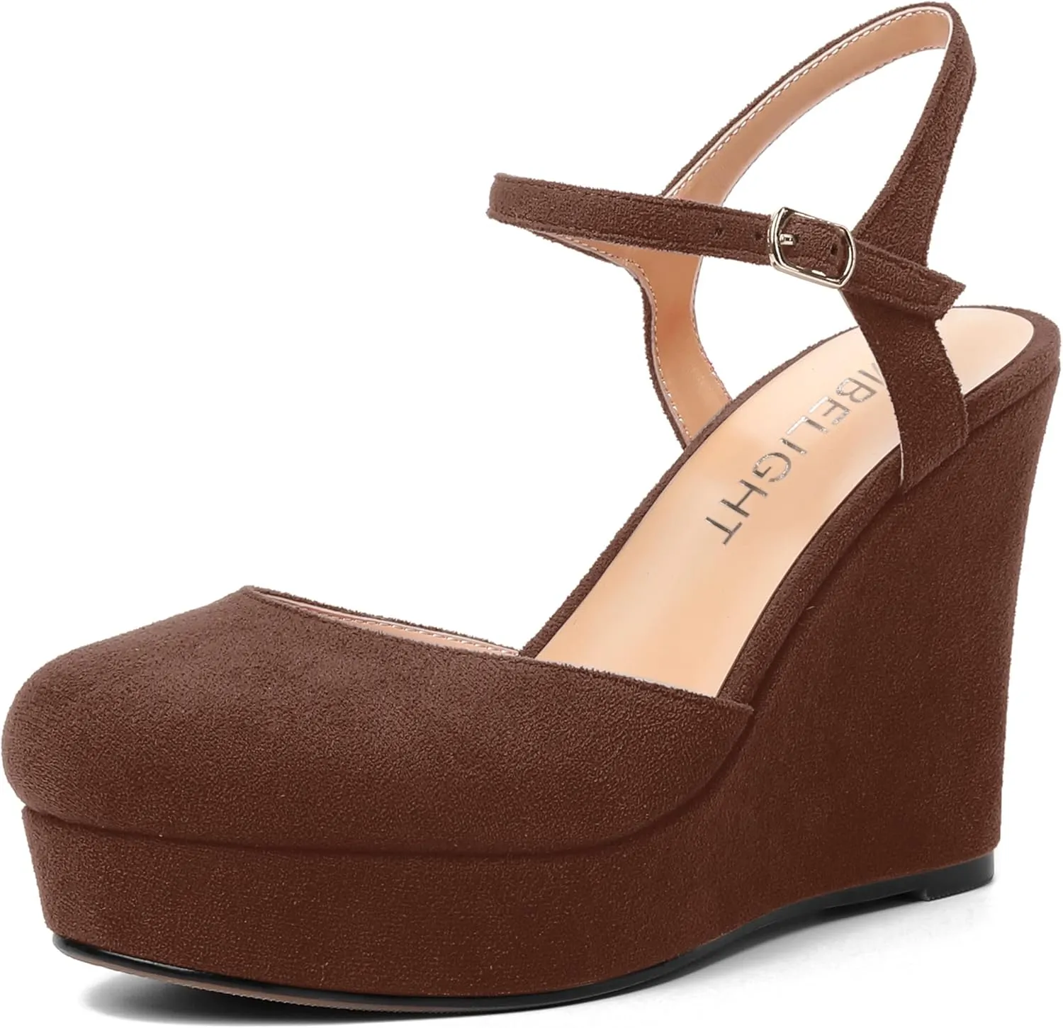 AMBELIGHT Womens Ankle Strap Sandals Night Club Round Toe Fashion Heels Suede Wedge High Heel Pumps Shoes 4 Inch