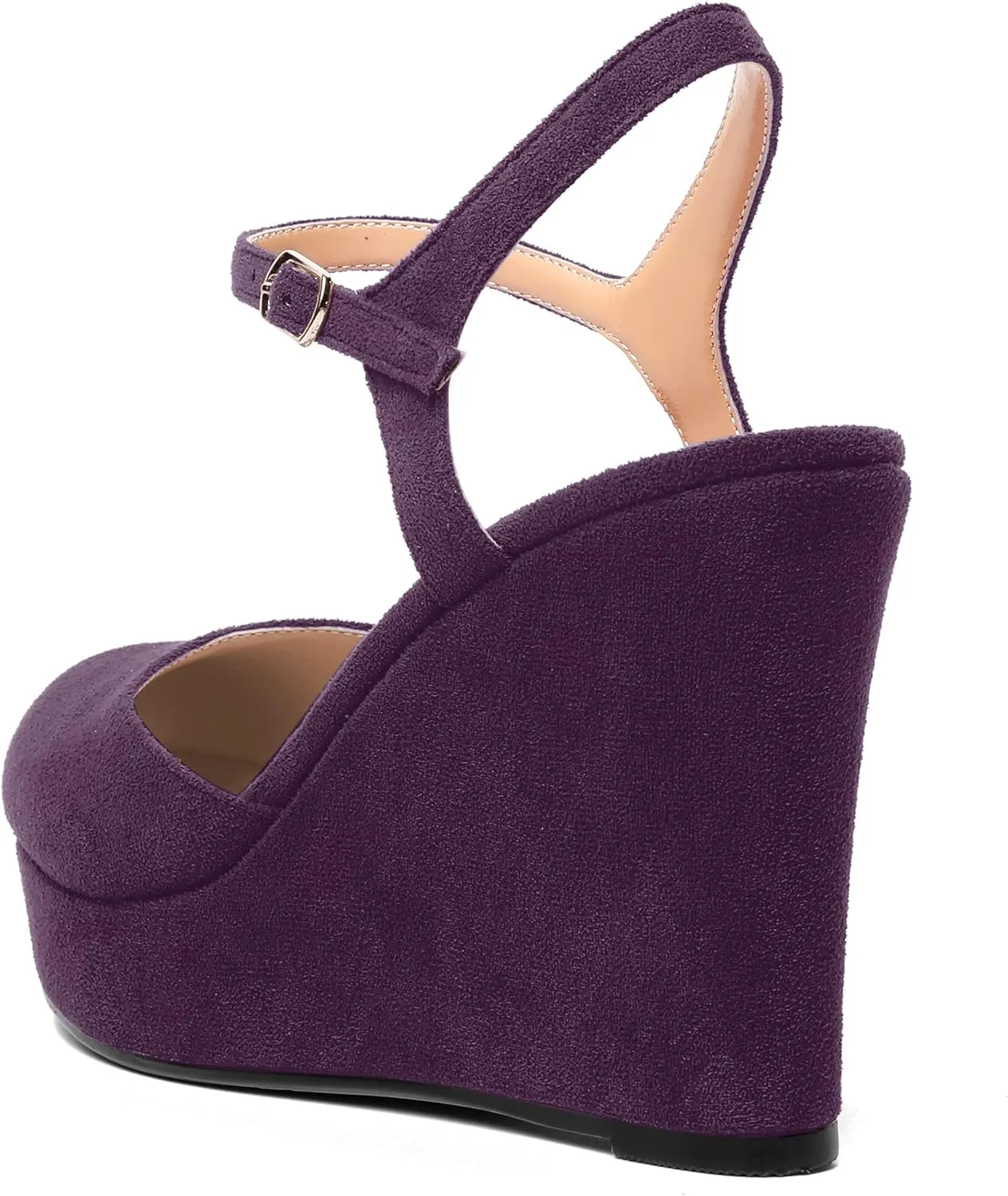 AMBELIGHT Womens Ankle Strap Sandals Night Club Round Toe Fashion Heels Suede Wedge High Heel Pumps Shoes 4 Inch