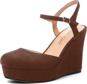 AMBELIGHT Womens Ankle Strap Sandals Night Club Round Toe Fashion Heels Suede Wedge High Heel Pumps Shoes 4 Inch