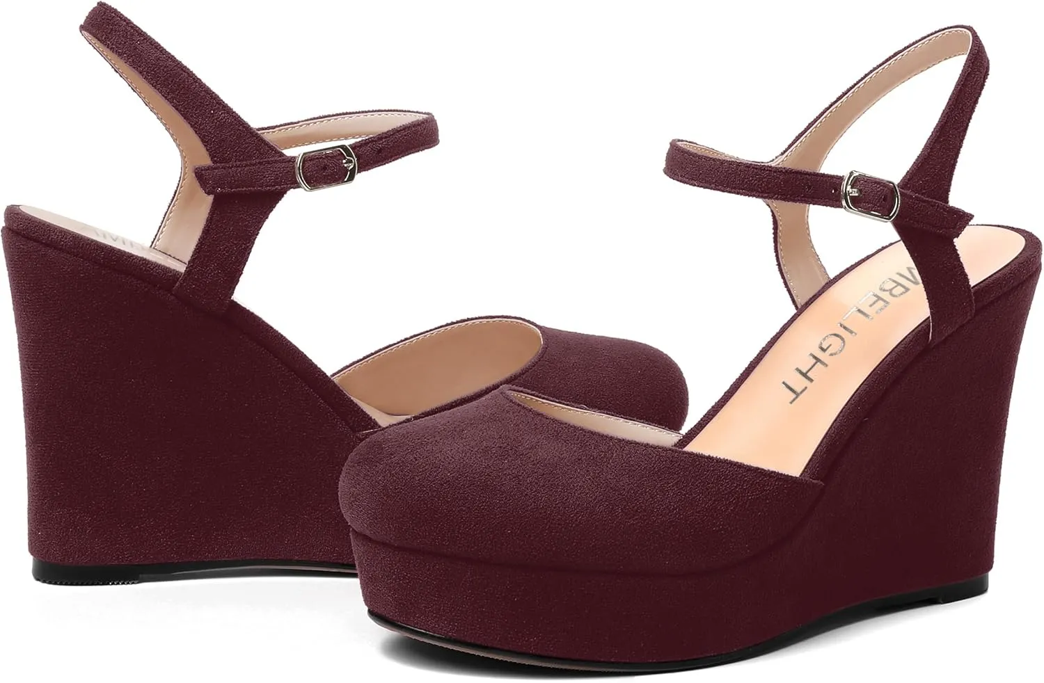 AMBELIGHT Womens Ankle Strap Sandals Night Club Round Toe Fashion Heels Suede Wedge High Heel Pumps Shoes 4 Inch