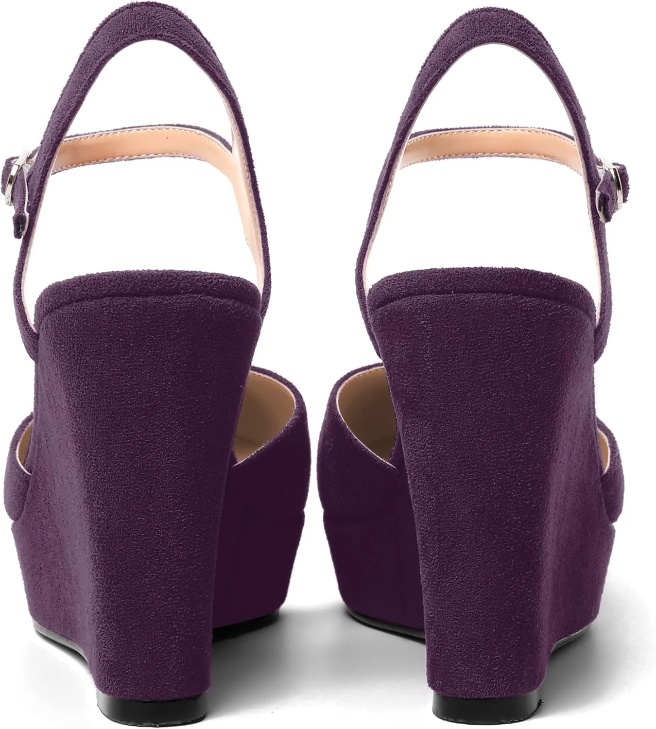 AMBELIGHT Womens Ankle Strap Sandals Night Club Round Toe Fashion Heels Suede Wedge High Heel Pumps Shoes 4 Inch