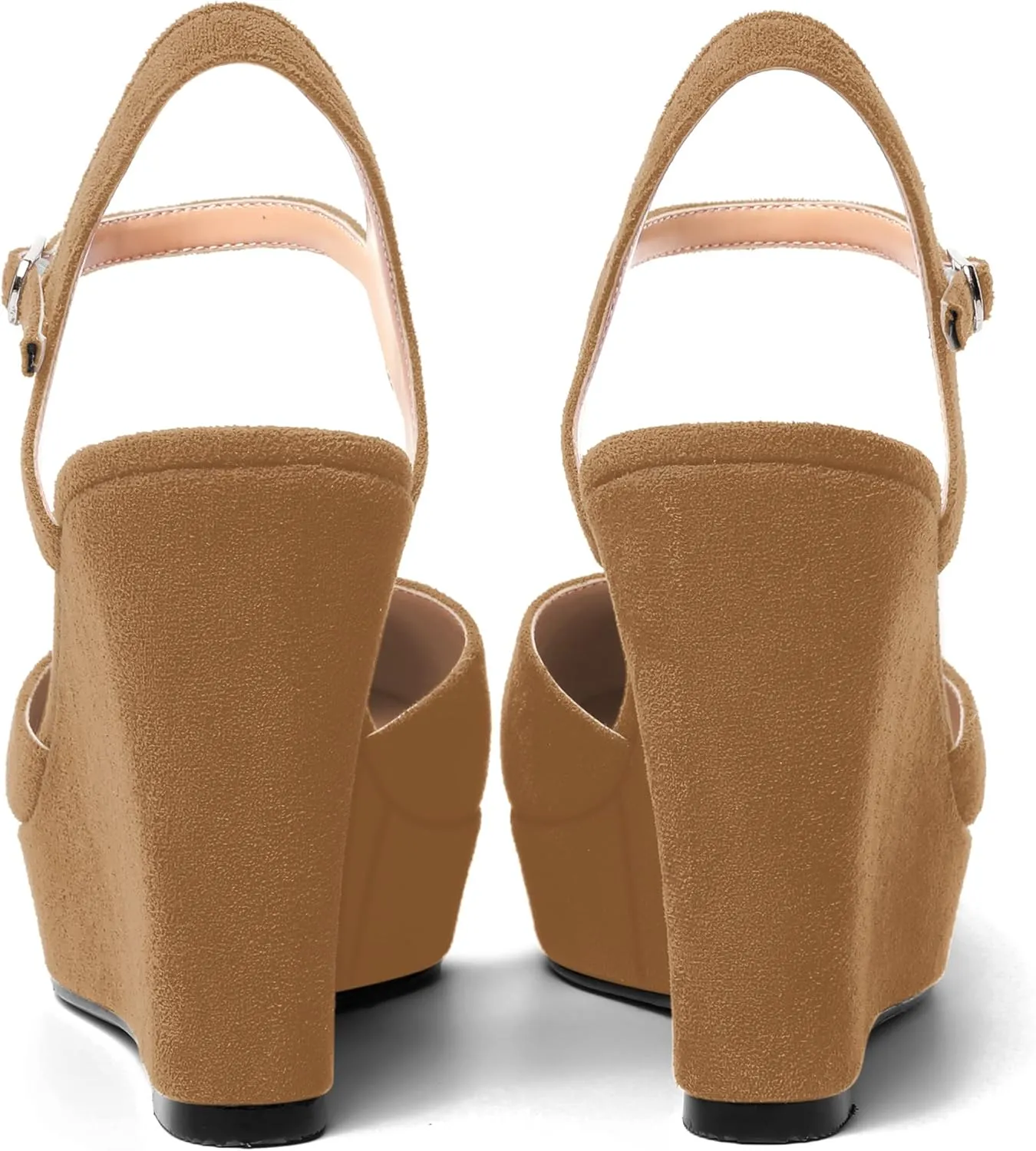 AMBELIGHT Womens Ankle Strap Sandals Night Club Round Toe Fashion Heels Suede Wedge High Heel Pumps Shoes 4 Inch