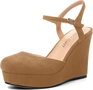 AMBELIGHT Womens Ankle Strap Sandals Night Club Round Toe Fashion Heels Suede Wedge High Heel Pumps Shoes 4 Inch