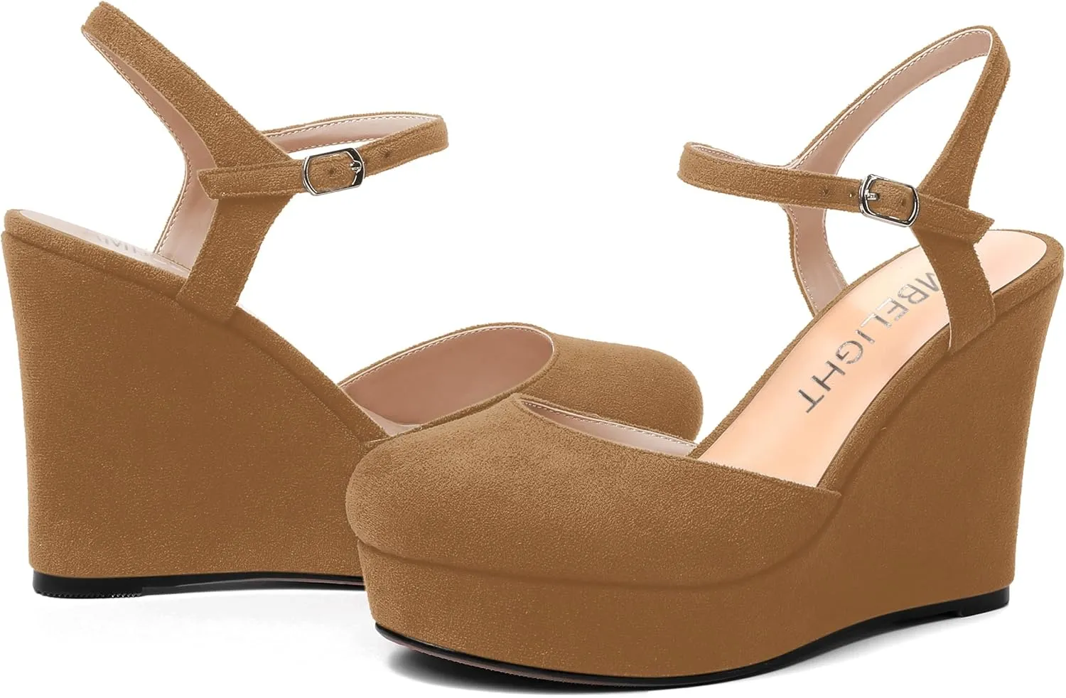 AMBELIGHT Womens Ankle Strap Sandals Night Club Round Toe Fashion Heels Suede Wedge High Heel Pumps Shoes 4 Inch