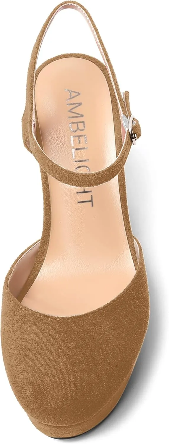 AMBELIGHT Womens Ankle Strap Sandals Night Club Round Toe Fashion Heels Suede Wedge High Heel Pumps Shoes 4 Inch