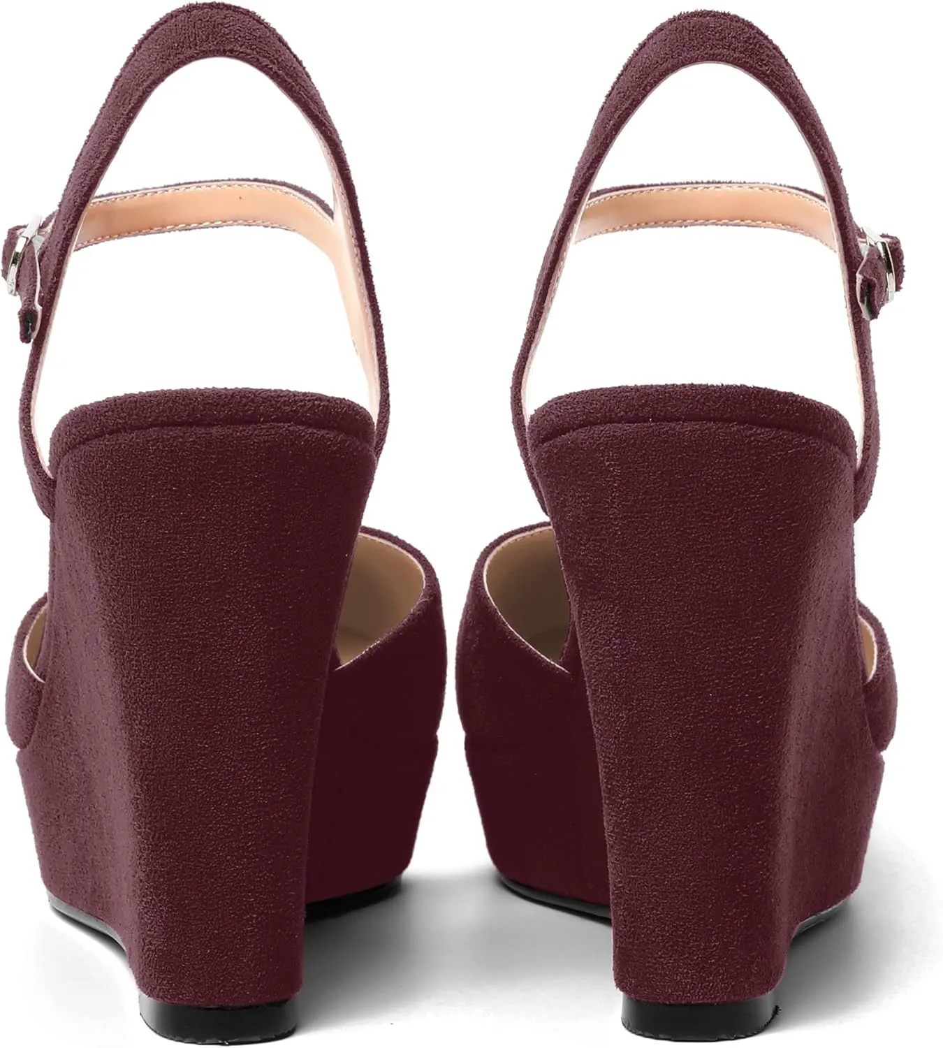 AMBELIGHT Womens Ankle Strap Sandals Night Club Round Toe Fashion Heels Suede Wedge High Heel Pumps Shoes 4 Inch