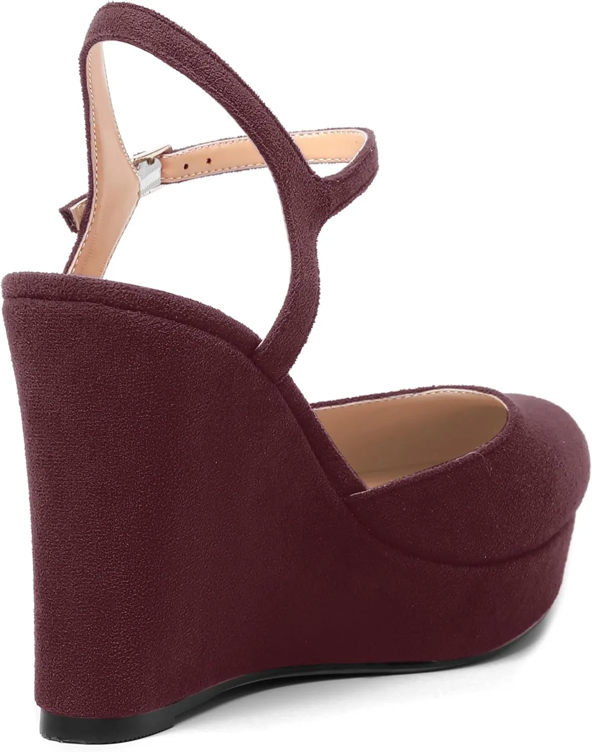 AMBELIGHT Womens Ankle Strap Sandals Night Club Round Toe Fashion Heels Suede Wedge High Heel Pumps Shoes 4 Inch