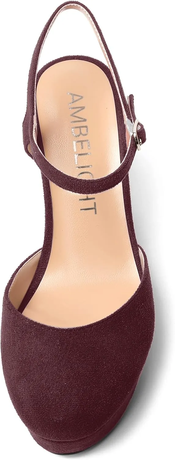 AMBELIGHT Womens Ankle Strap Sandals Night Club Round Toe Fashion Heels Suede Wedge High Heel Pumps Shoes 4 Inch