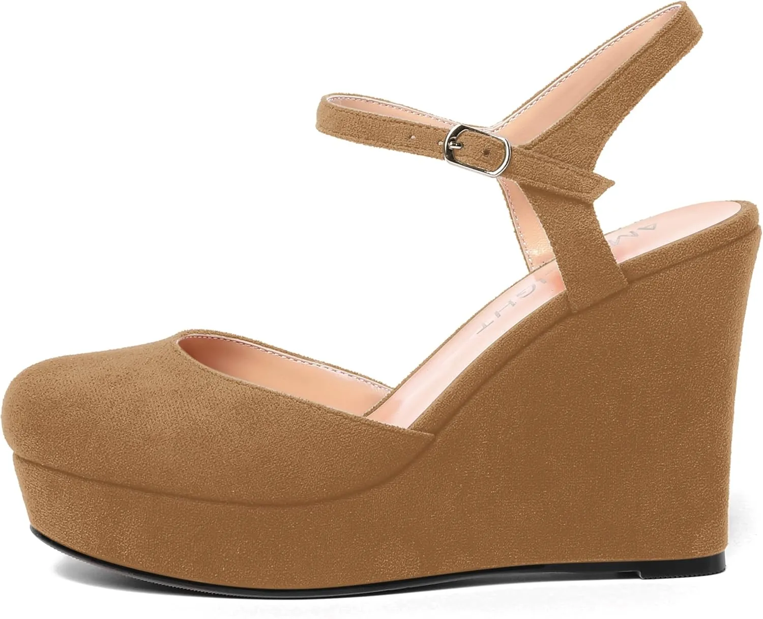 AMBELIGHT Womens Ankle Strap Sandals Night Club Round Toe Fashion Heels Suede Wedge High Heel Pumps Shoes 4 Inch