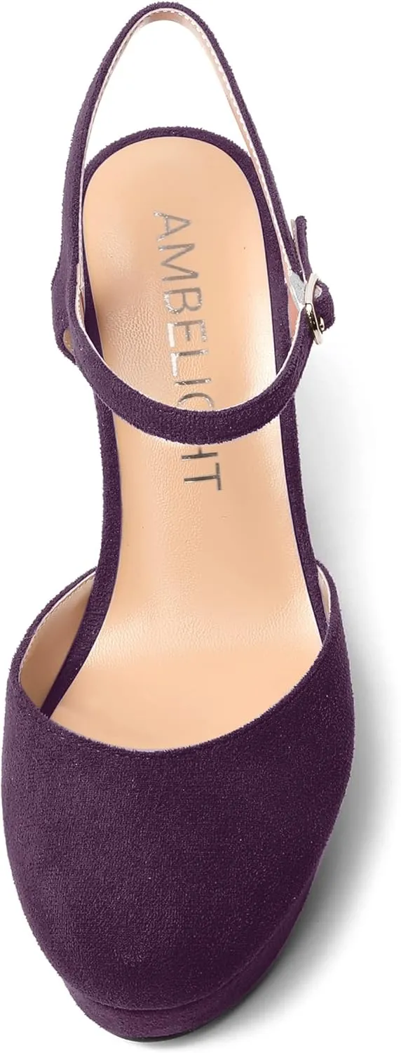 AMBELIGHT Womens Ankle Strap Sandals Night Club Round Toe Fashion Heels Suede Wedge High Heel Pumps Shoes 4 Inch