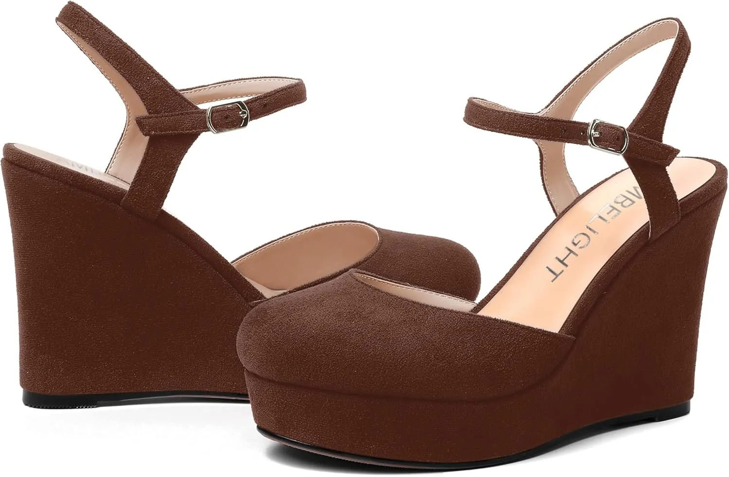 AMBELIGHT Womens Ankle Strap Sandals Night Club Round Toe Fashion Heels Suede Wedge High Heel Pumps Shoes 4 Inch