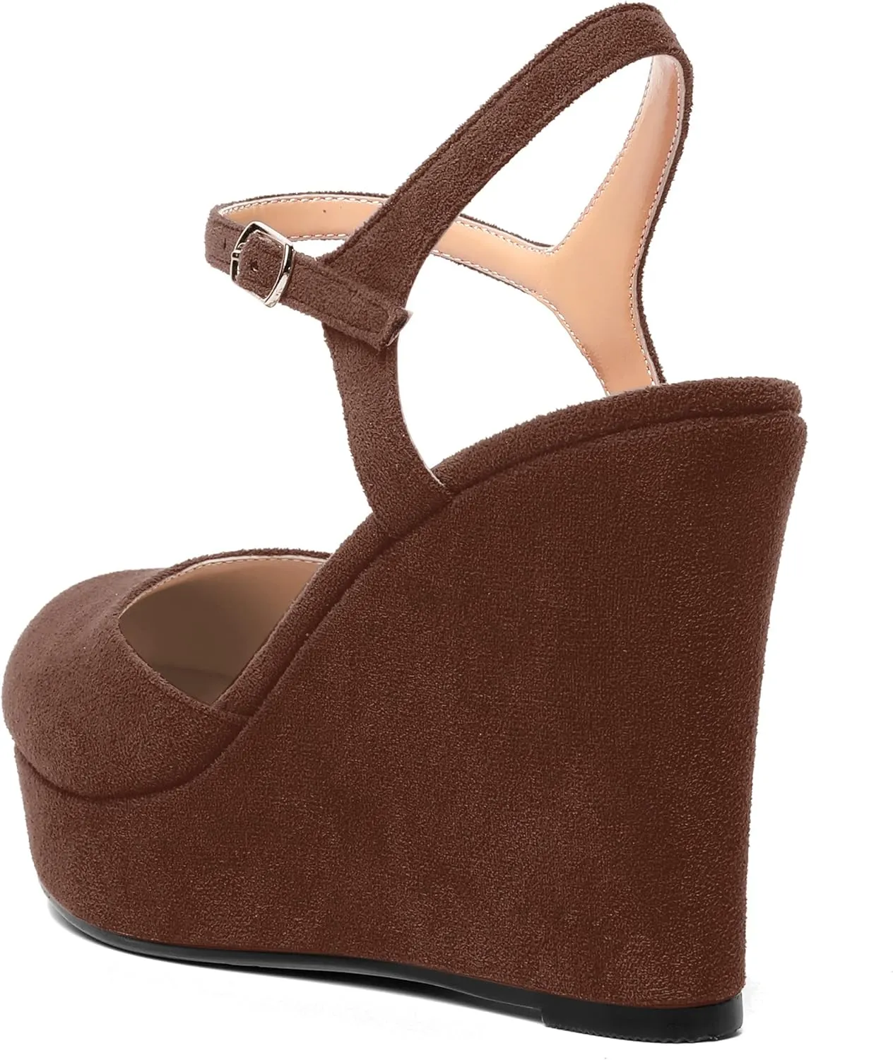 AMBELIGHT Womens Ankle Strap Sandals Night Club Round Toe Fashion Heels Suede Wedge High Heel Pumps Shoes 4 Inch