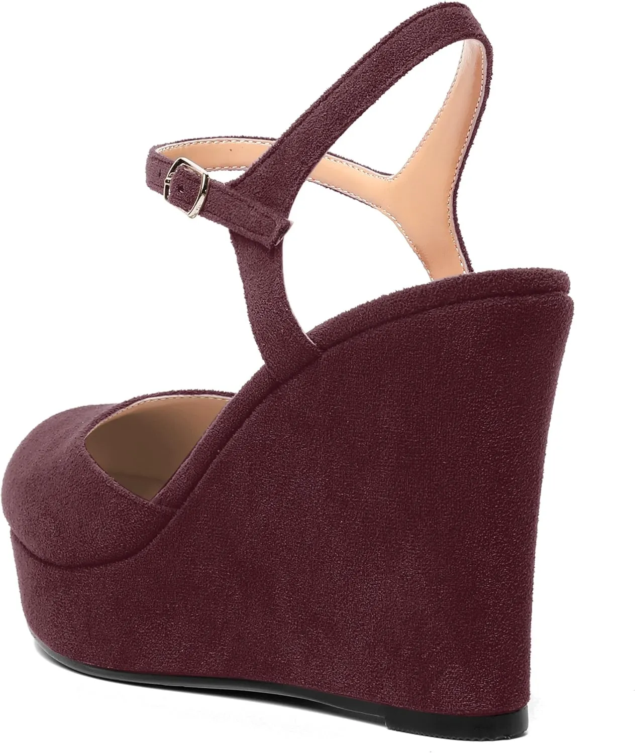 AMBELIGHT Womens Ankle Strap Sandals Night Club Round Toe Fashion Heels Suede Wedge High Heel Pumps Shoes 4 Inch