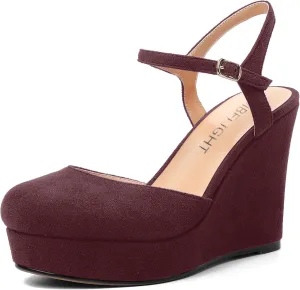 AMBELIGHT Womens Ankle Strap Sandals Night Club Round Toe Fashion Heels Suede Wedge High Heel Pumps Shoes 4 Inch