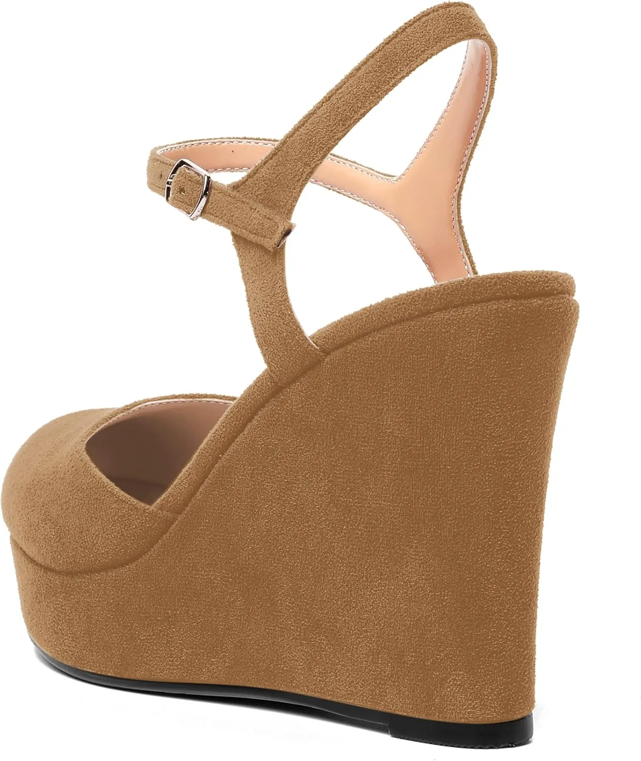 AMBELIGHT Womens Ankle Strap Sandals Night Club Round Toe Fashion Heels Suede Wedge High Heel Pumps Shoes 4 Inch