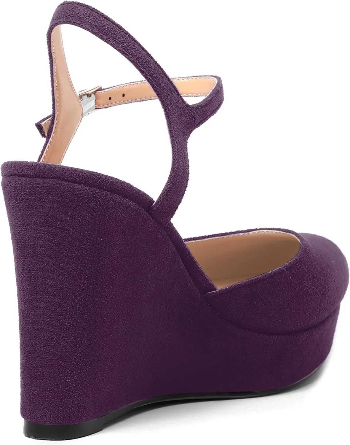 AMBELIGHT Womens Ankle Strap Sandals Night Club Round Toe Fashion Heels Suede Wedge High Heel Pumps Shoes 4 Inch