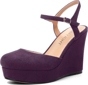 AMBELIGHT Womens Ankle Strap Sandals Night Club Round Toe Fashion Heels Suede Wedge High Heel Pumps Shoes 4 Inch
